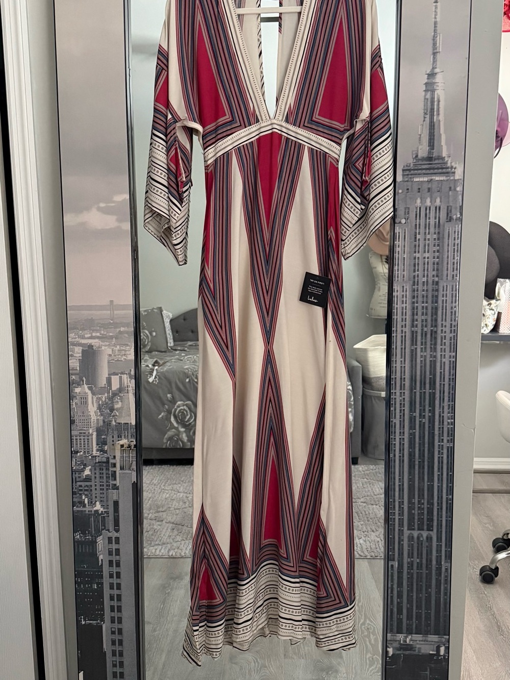 Lulu's Cream and Burgundy V-Neck Striped Maxi Dress